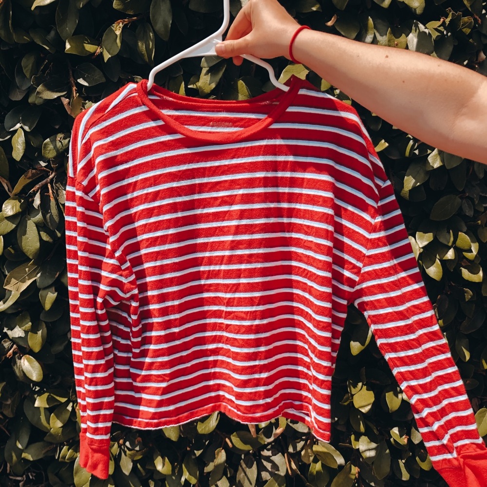 | red + white + blue striped long sleeve tee
